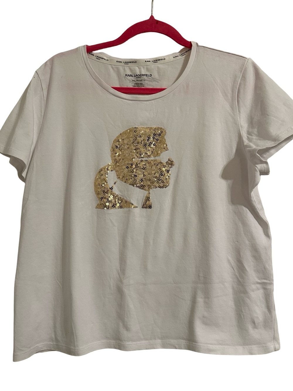 Karl Lagerfeld White Tee with Gold Sequin Logo